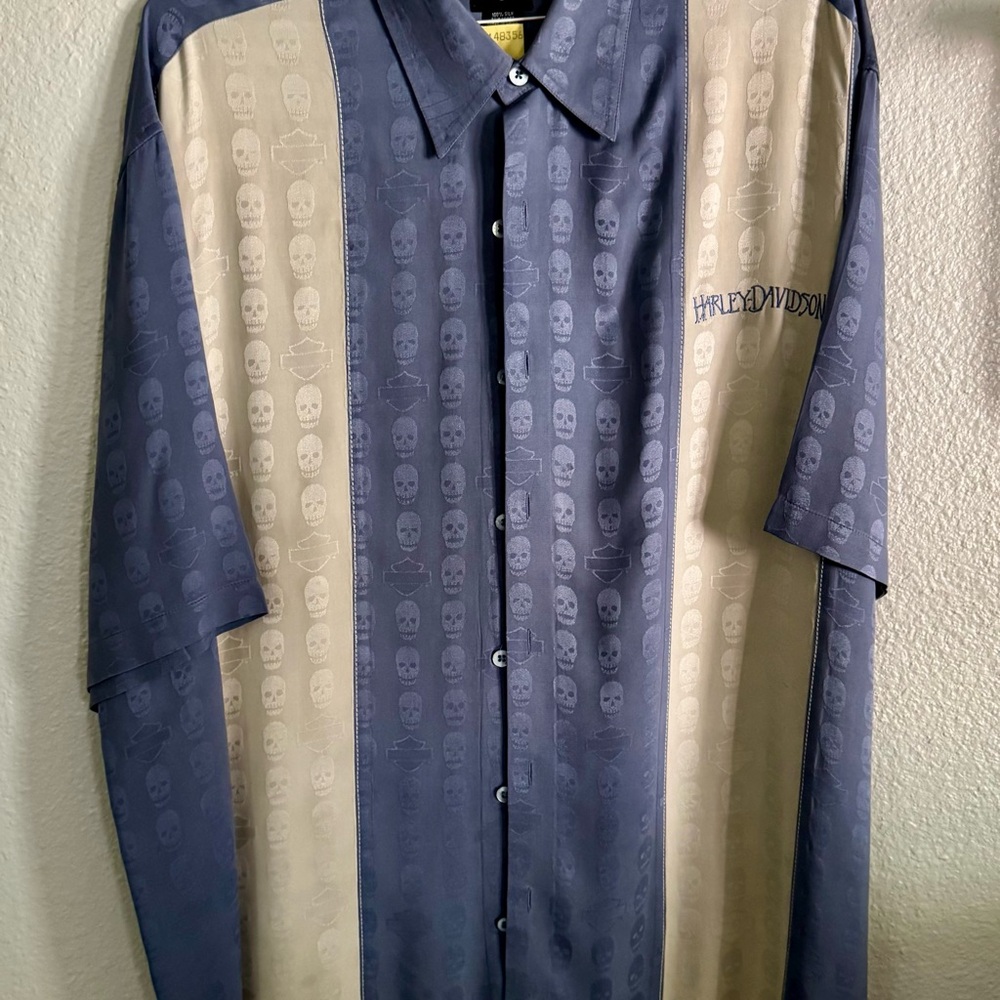 Harley-Davidson Blue and Cream Silk Men's Button Down Dress Shirt